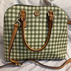 Tory Burch Kerrington Sage Green Gingham Satchel w/Leather Trim & Crsbdy Strap